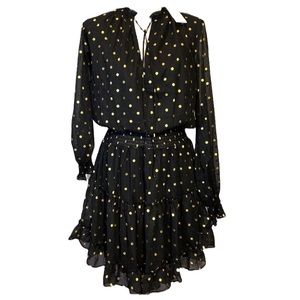 g.p.d. Black Gold Polka Dot Ruffle Dress Mini Smock Waist Tiered Ruffles NWT